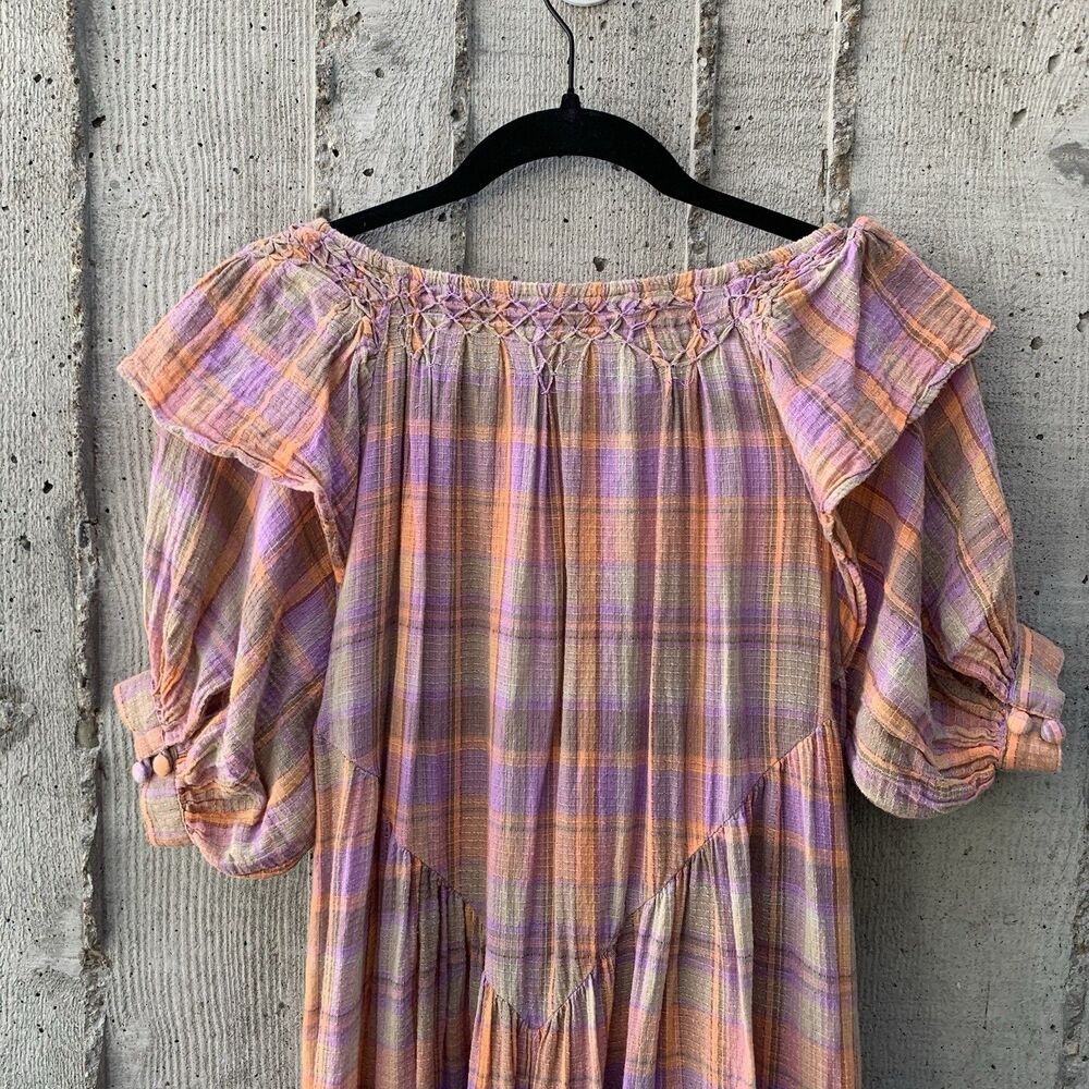 Free People Amelie Mini Dress Tiered Gauzy Plaid Picnic Prairie Western Boho XS - Picture 6 of 12